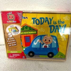 Cocomelon 5 Pack Wood Puzzles with Wooden Storage Box New Learning, Play Time